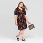 Women's Plus Size Floral Print Puff Short Sleeve V-neck Knitted Mini Dress - Ava & Viv Black 3x, Women's,