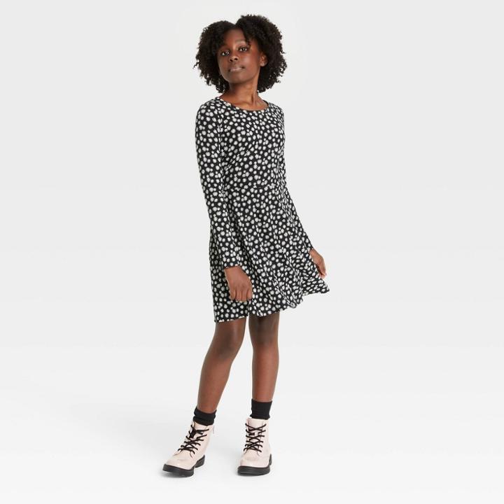 Girls' Skater Long Sleeve Dress - Art Class Black/white