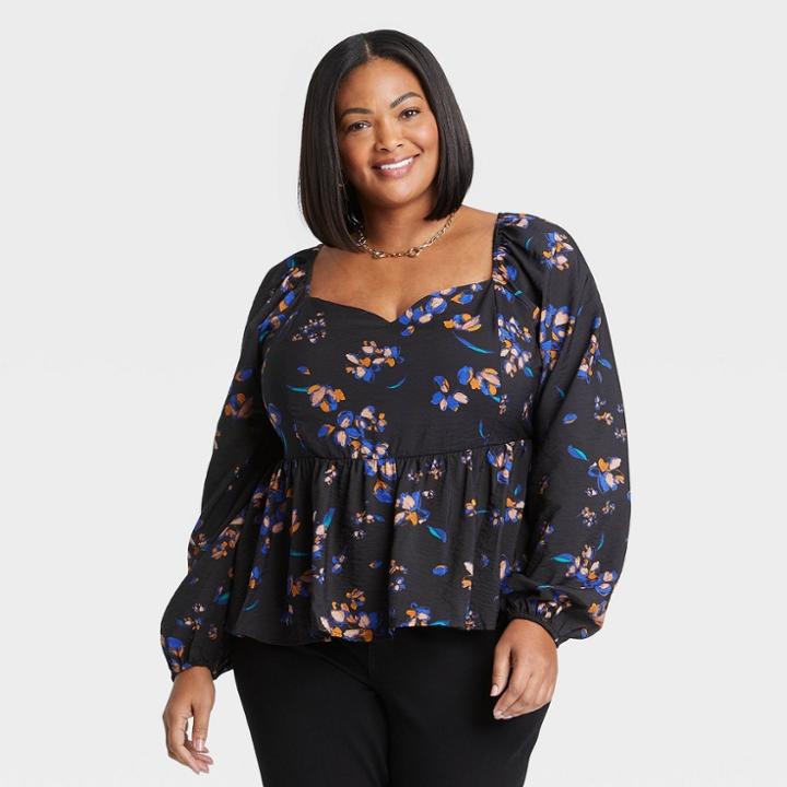 Women's Plus Size Long Sleeve Sweetheart Peplum Top - Ava & Viv Black Floral X