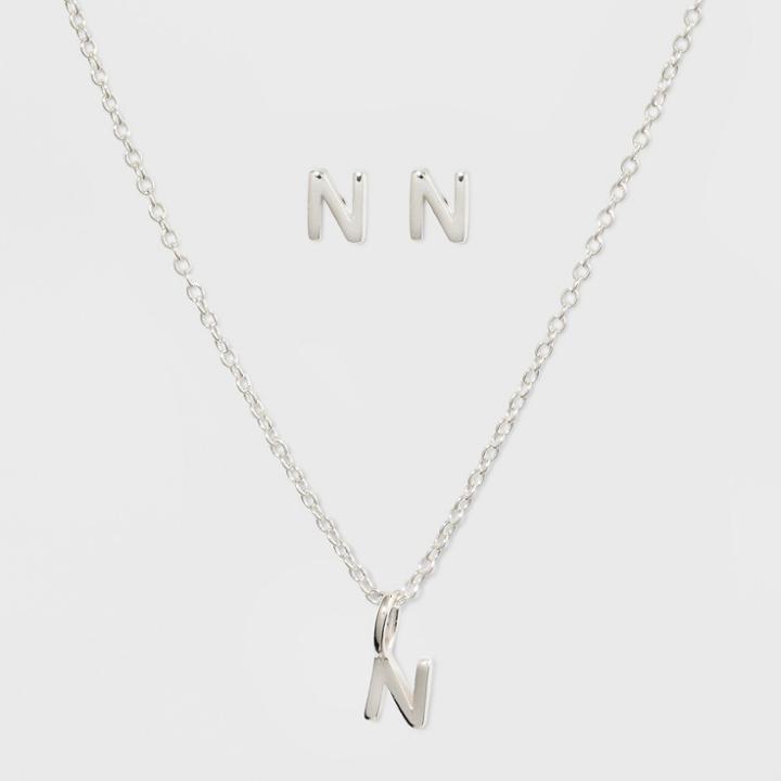 Sterling Silver Initial N Earrings And Necklace Set - A New Day Silver, Girl's,