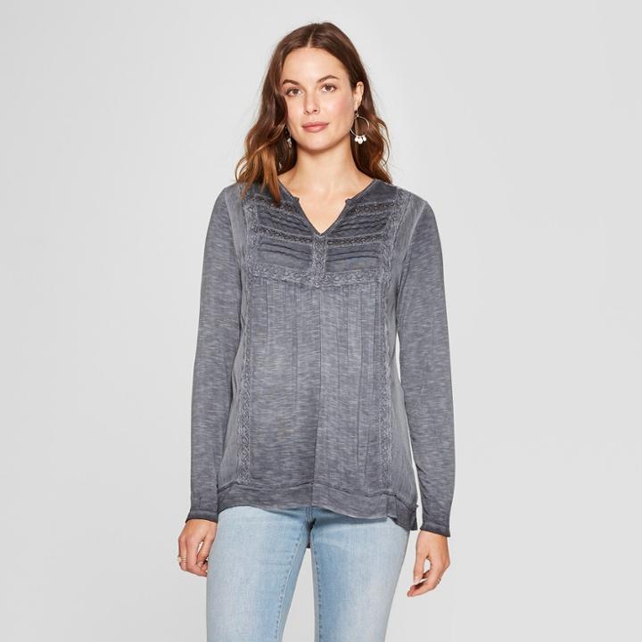 Women's Long Sleeve Lace Detail Pleated Yoke Top - Knox Rose Carbon