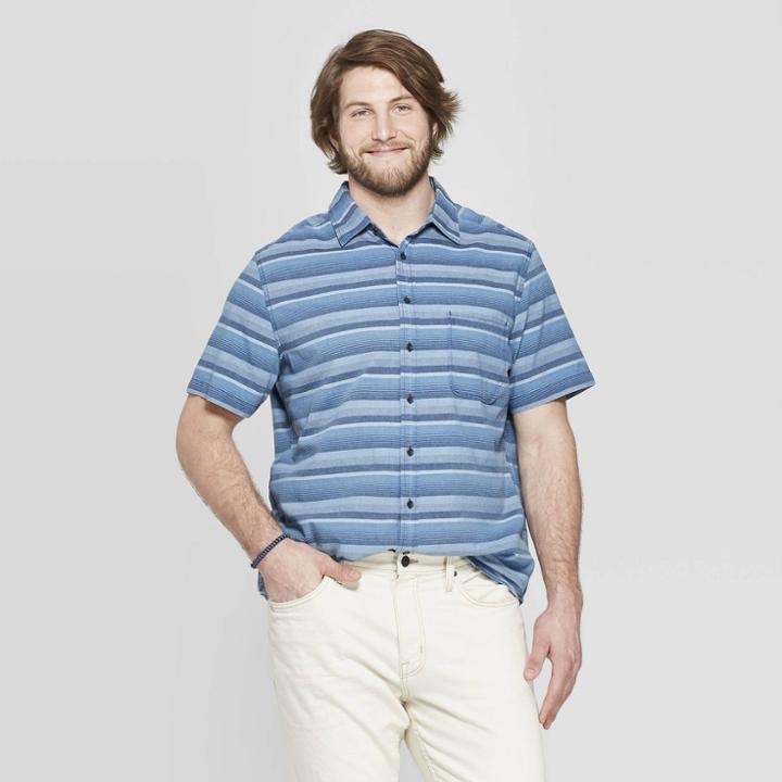 Men's Striped Big & Tall Casual Fit Short Sleeve Denim Button-down Shirt - Goodfellow & Co Horizon Blue