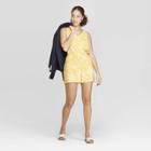 Women's Leaf Printed Sleeveless V-neck Rompers - A New Day Yellow
