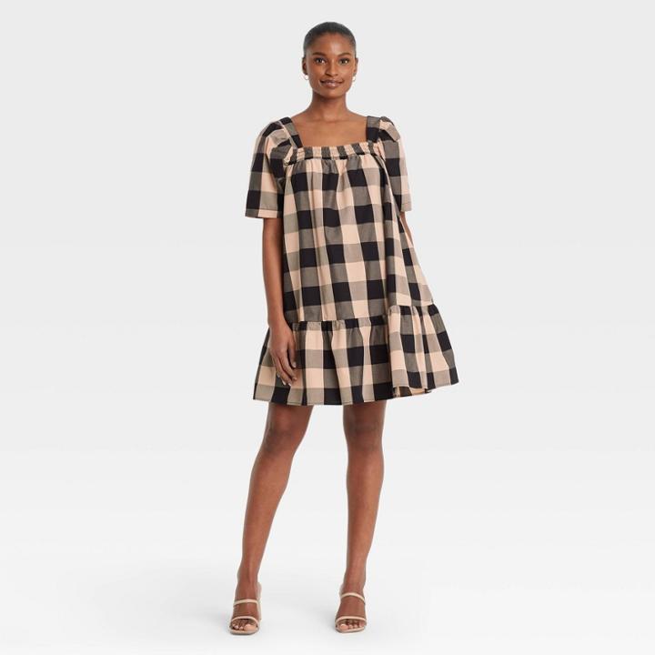 Women's Puff Short Sleeve Dress - Who What Wear Black Checker