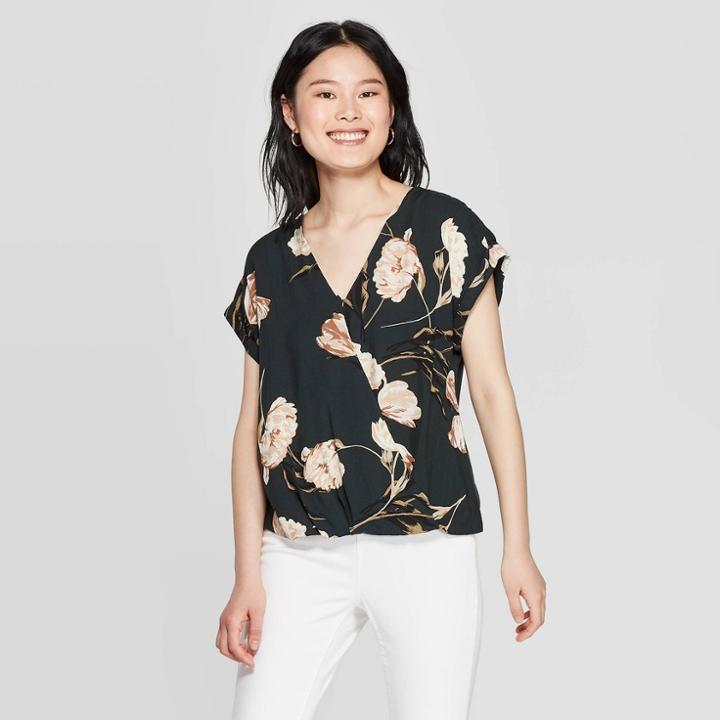 Women's Floral Print Short Sleeve V-neck Blouse - A New Day Green