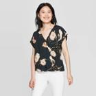 Women's Floral Print Short Sleeve V-neck Blouse - A New Day Green