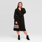 Women's Plus Size Long Sleeve Belted Midi Sweater Dress - Ava & Viv Black