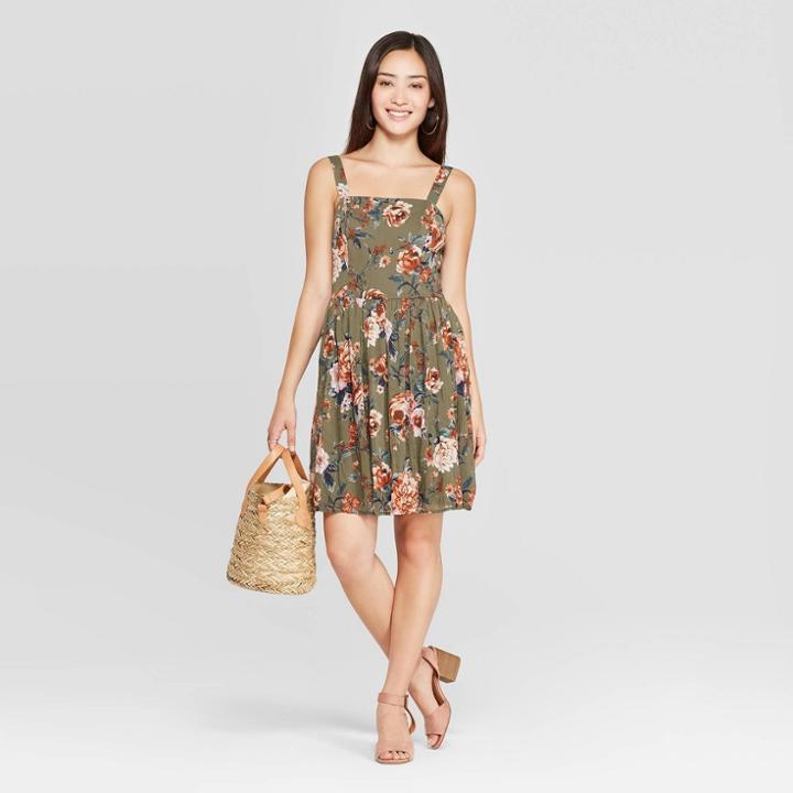 Women's Floral Print Sleeveless Square Neck Pleated Bottom Mini Dress - Xhilaration Olive
