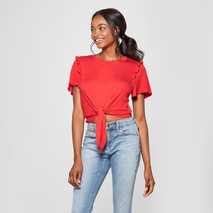 Women's Short Sleeve Tie Front Ruffle Shoulder Top - Lily Star (juniors') Red