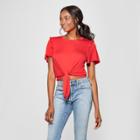 Women's Short Sleeve Tie Front Ruffle Shoulder Top - Lily Star (juniors') Red