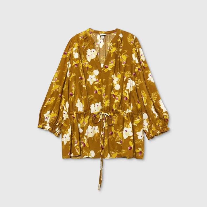 Women's Plus Size Floral Print Balloon Long Sleeve Blouse - A New Day Beige