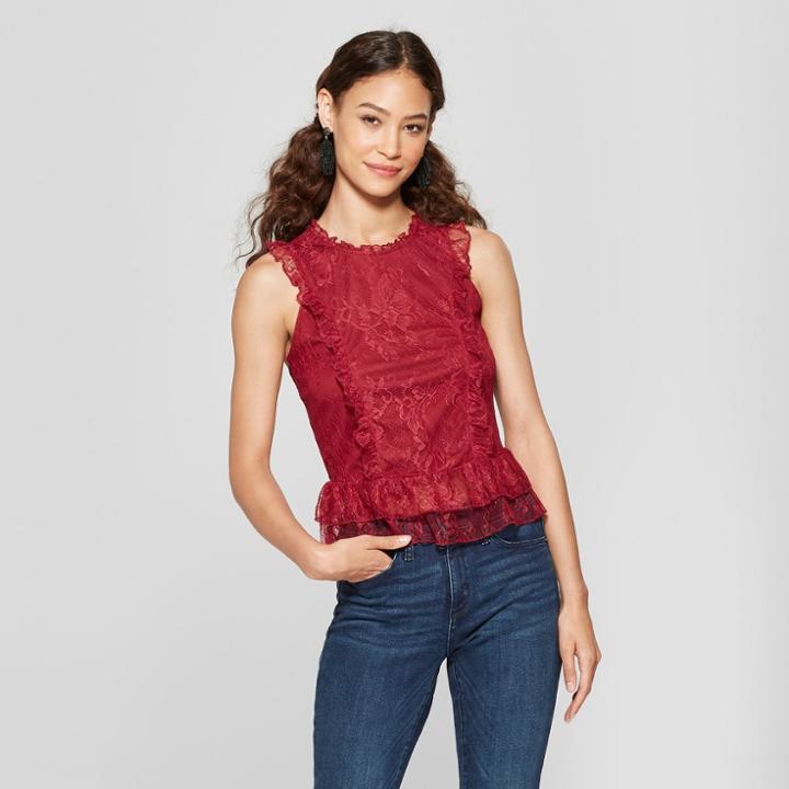 Women's Sleeveless Lace Ruffle Top - Almost Famous (juniors') Wine