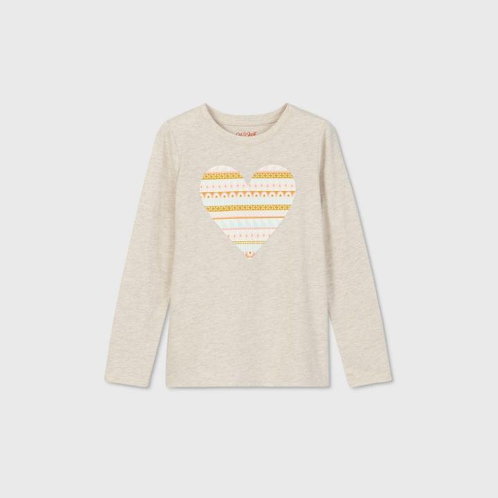 Girls' Long Sleeve Fair Isle Heart Graphic T-shirt - Cat & Jack Oatmeal Heather