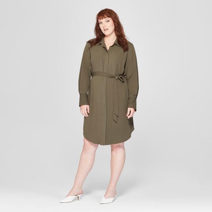 Women's Plus Size Long Sleeve Collared Shirtdress - Prologue Olive (green) X