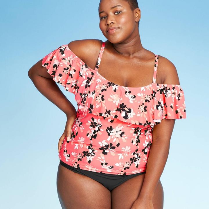 Women's Plus Size Cold Shoulder Ruffle Tankini Top - Sea Angel Coral Floral 1x, Women's, Size: