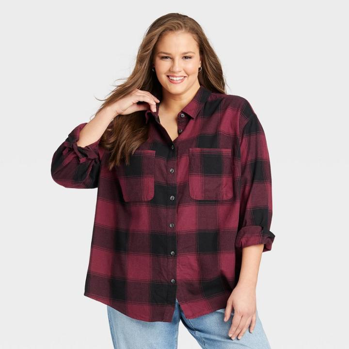 Women's Plus Size Long Sleeve Button-down Flannel Tunic Top - Ava & Viv Burgundy Plaid X, Red Plaid