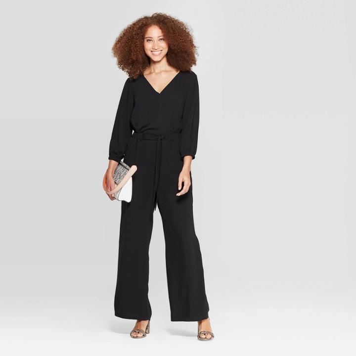 Women's Long Sleeve V-neck Jumpsuit - A New Day Black