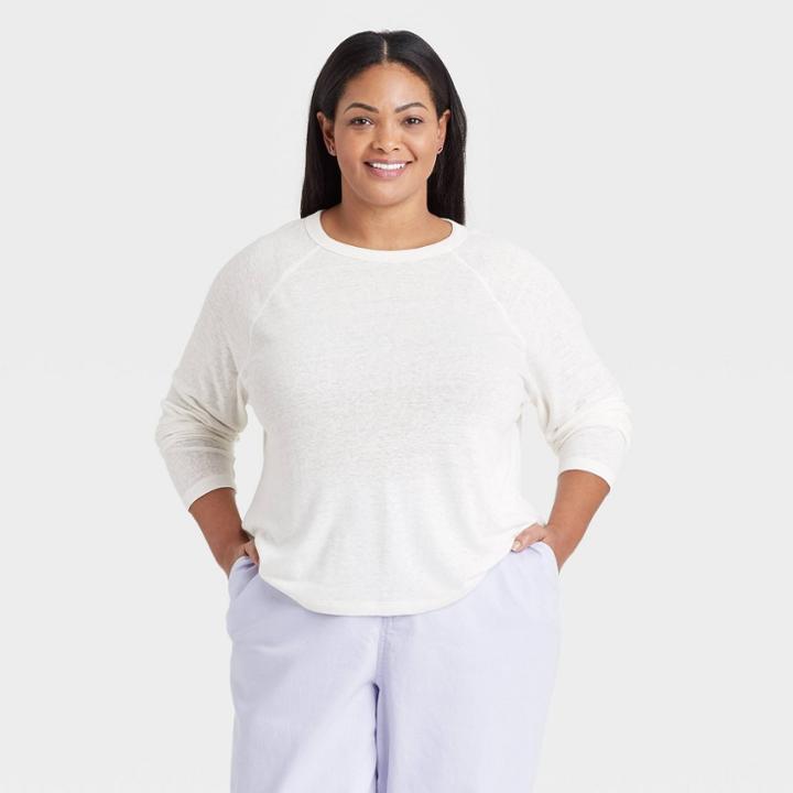 Women's Plus Size Long Sleeve Linen T-shirt - A New Day Cream