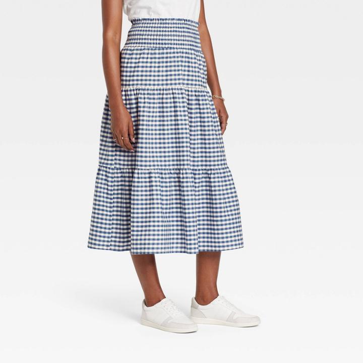 Women's High-rise Tiered Midi A-line Skirt - Universal Thread Blue Gingham Check