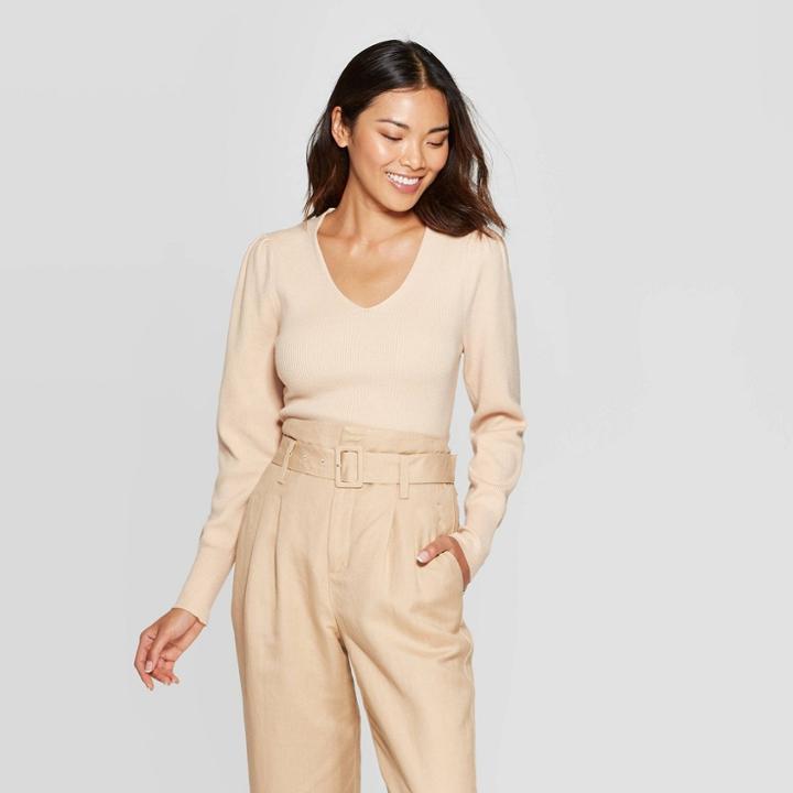 Women's Long Sleeve V-neck Pullover Sweater - A New Day Blush