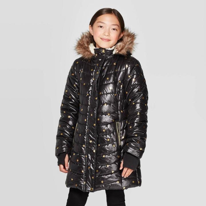 Girls' Foil Printed Hooded Puffer Jacket - Cat & Jack Black