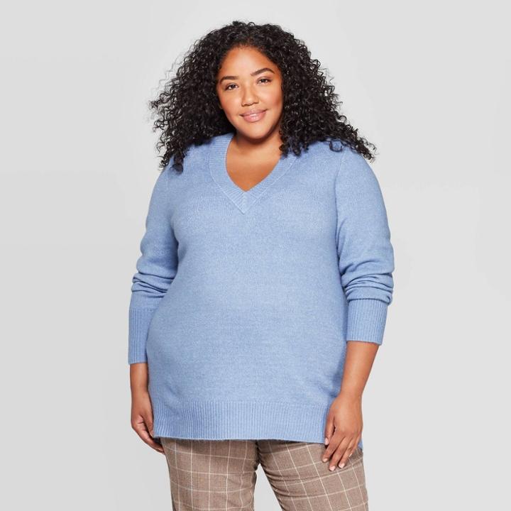 Women's Plus Size Oversized Long Sleeve V-neck Tunic Sweater - A New Day Blue