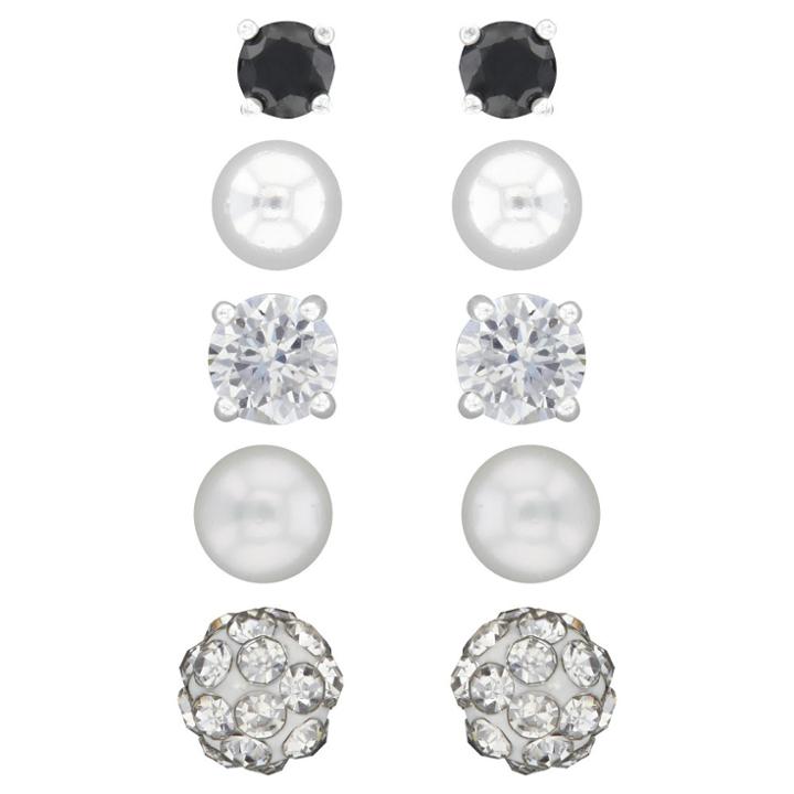 Target Button Earrings Sterling Cubic Zirconia/crystal And Pearl - 5pk - Silver/white/black