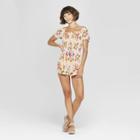 Women's Floral Print Short Sleeve Off The Shoulder Smocked Waist Romper - Xhilaration Peach Bloom