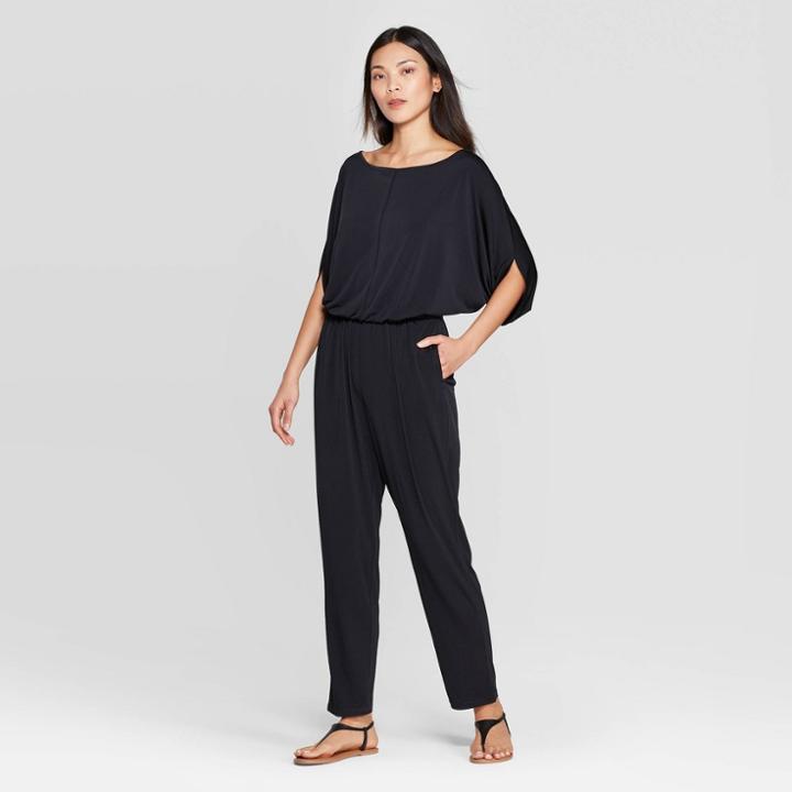 Women's Elbow Batwing Sleeve Boat Neck Jumpsuit - Prologue Black