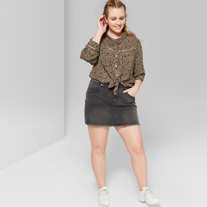 Women's Plus Size Long Sleeve Button-down Tie Front Floral Western Top - Wild Fable Olive
