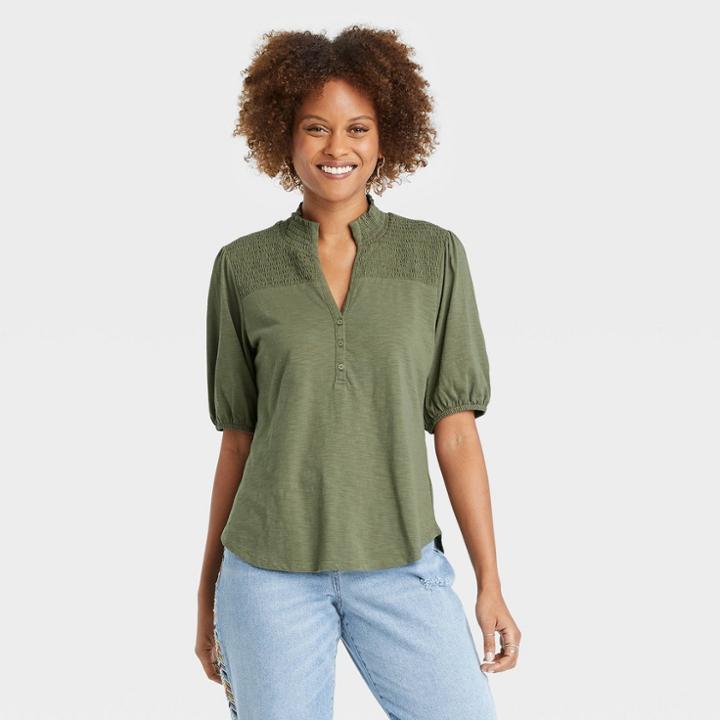 Women's Smocked 3/4 Sleeve Henley Shirt - Knox Rose Olive Green