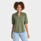 Women's Smocked 3/4 Sleeve Henley Shirt - Knox Rose Olive Green