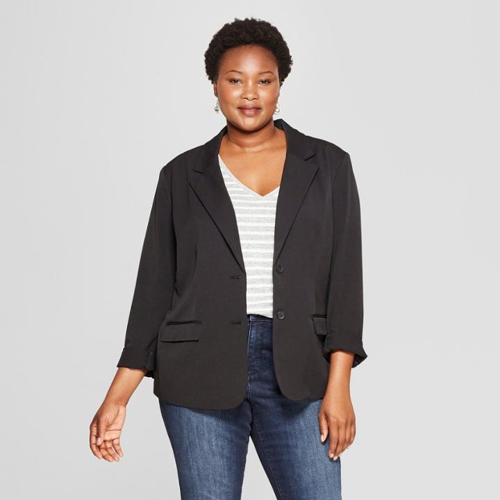Women's Plus Size Bi-stretch Twill Blazer - Ava & Viv Black