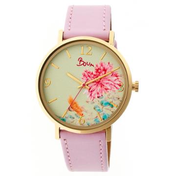 Women's Boum Mademoiselle Floral Dial Synthetic Leather Strap Watch-lavender,