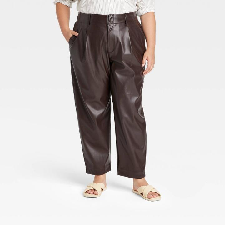 Women's Plus Size High-rise Faux Leather Tapered Ankle Pants - A New Day Dark Brown