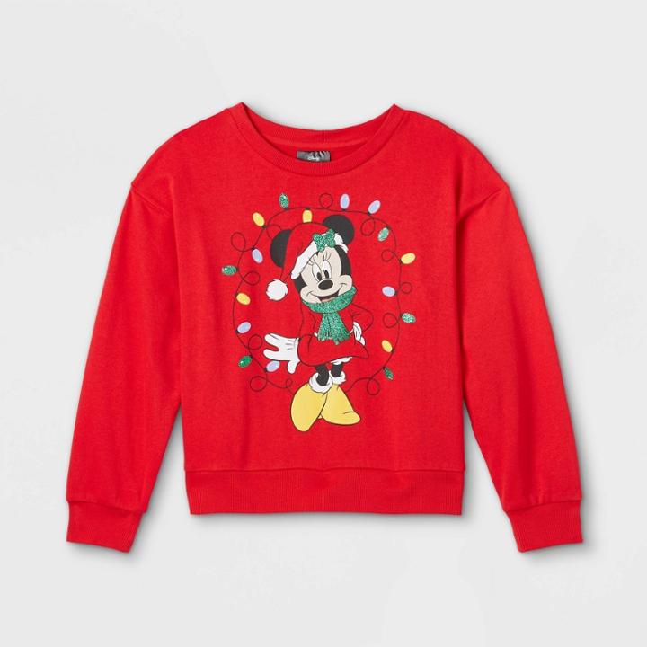 Girls' Disney Minnie Mouse Ugly Fleece Pullover Sweatshirt - Red