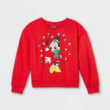 Girls' Disney Minnie Mouse Ugly Fleece Pullover Sweatshirt - Red