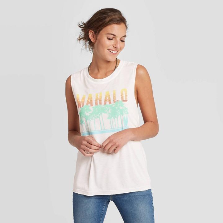 Women's Scoop Neck Mahalo Graphic Tank Top - Awake White