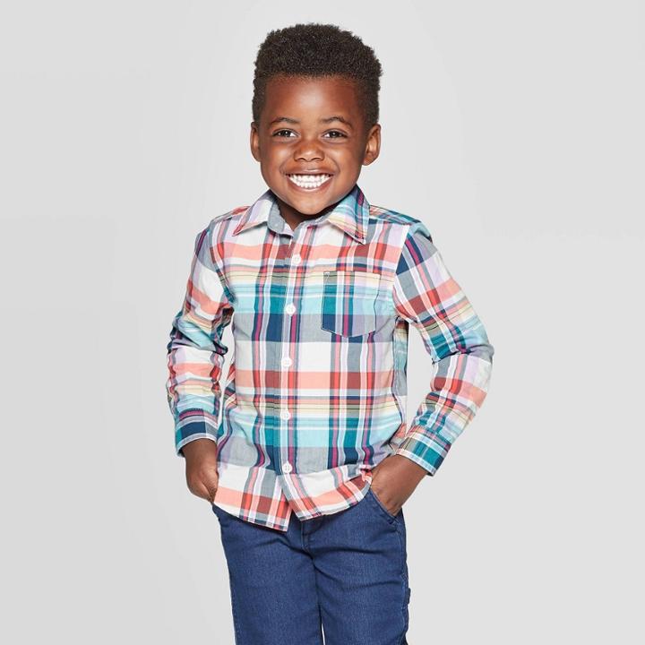 Oshkosh B'gosh Toddler Boys' Long Sleeve Woven Plaid Button-down Shirt - Orange