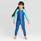 Toddler Girls' Rugby Stripe Raglan Long Sleeve One Piece Swimsuit - Cat & Jack Blue 12m, Toddler Girl's