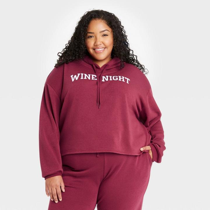 Modern Lux Women's Plus Size Wine Night Hooded Graphic Sweatshirt - Wine