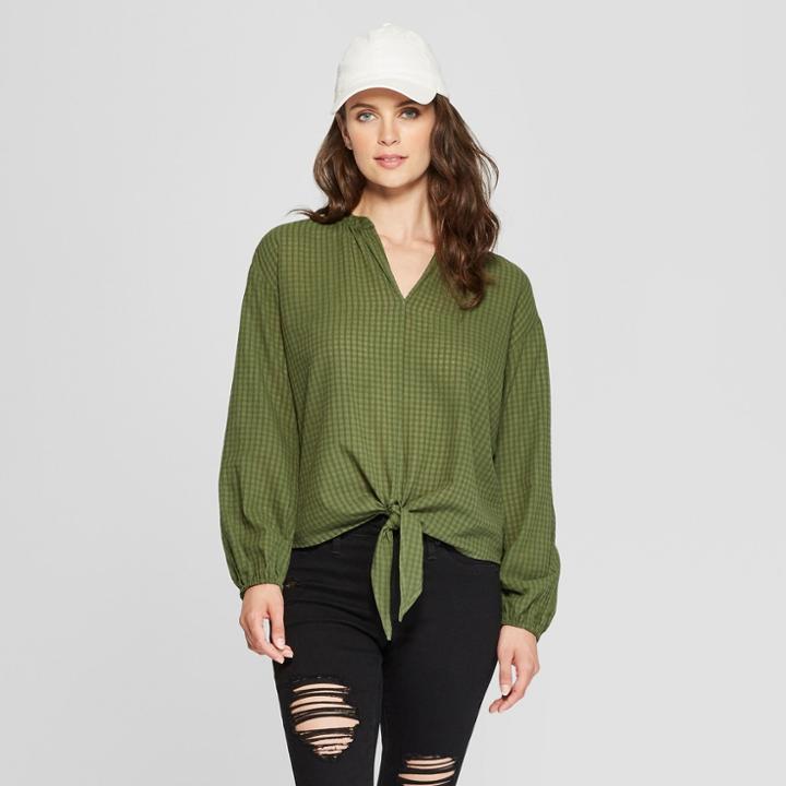 Women's Long Sleeve Plaid Tie Front Top - Universal Thread Green