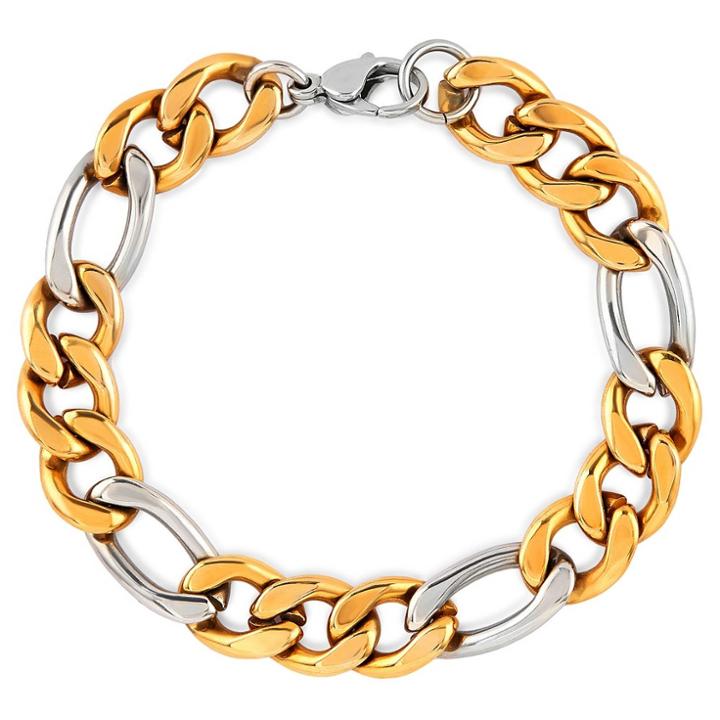 Men's Crucible Gold Plated Two-tone Stainless Steel Figaro Chain Bracelet (11.5mm) - Gold/silver