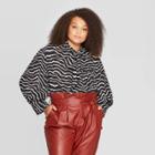 Women's Plus Size Animal Print Balloon Long Sleeve Collared Tie Front Blouse - Who What Wear Black