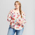 Women's Plus Size Floral Print Long Sleeve Cold Shoulder Top - Ava & Viv Cream X, Beige