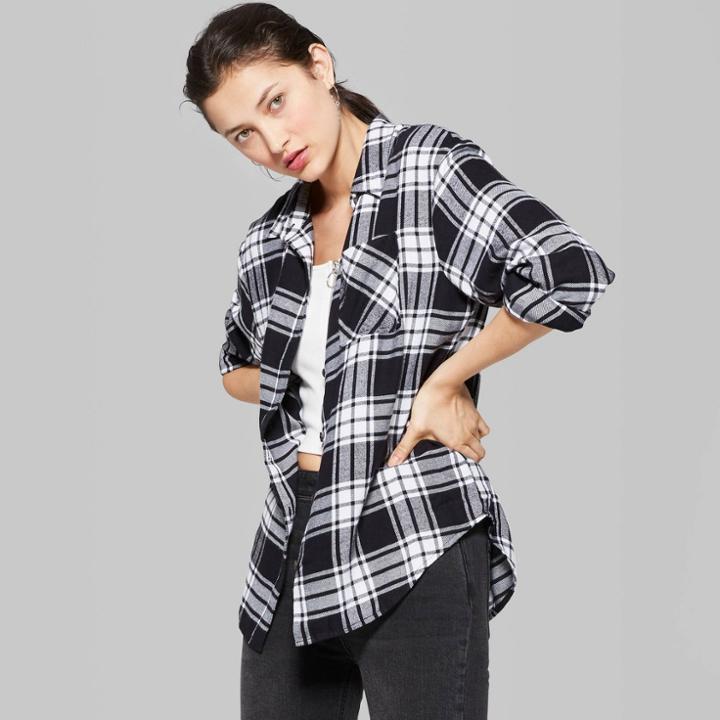 Women's Plaid Long Sleeve Button-down Flannel Shirt - Wild Fable Black/white