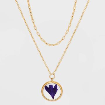 Bella Uno Bellissima Gold Plated Pressed Sweet Pea Flower Pendant Necklace - Purple