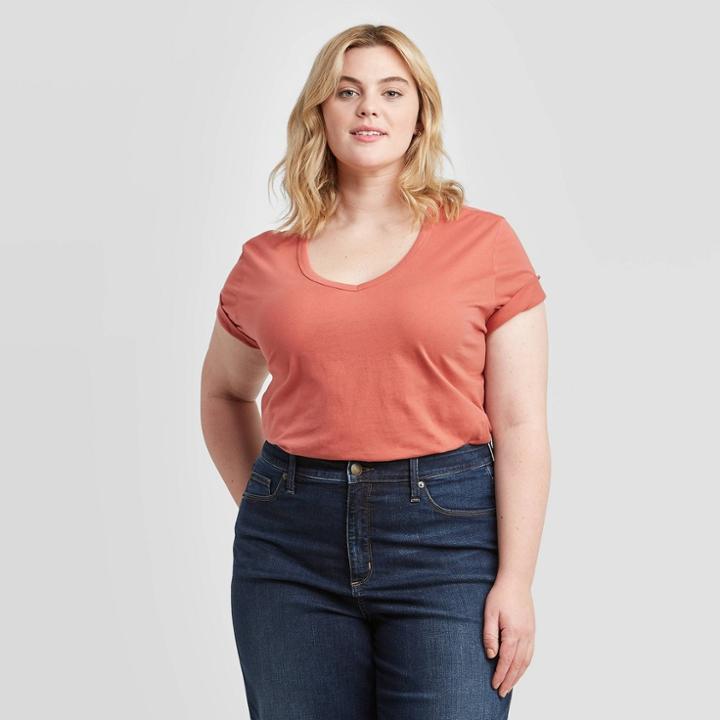 Women's Plus Size Short Sleeve V-neck Slim Fit T-shirt - Ava & Viv Blush 1x, Women's,