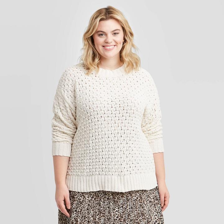 Women's Plus Size Crewneck Matte Chenille Pullover Sweater - Ava & Viv Cream X, Women's, Ivory