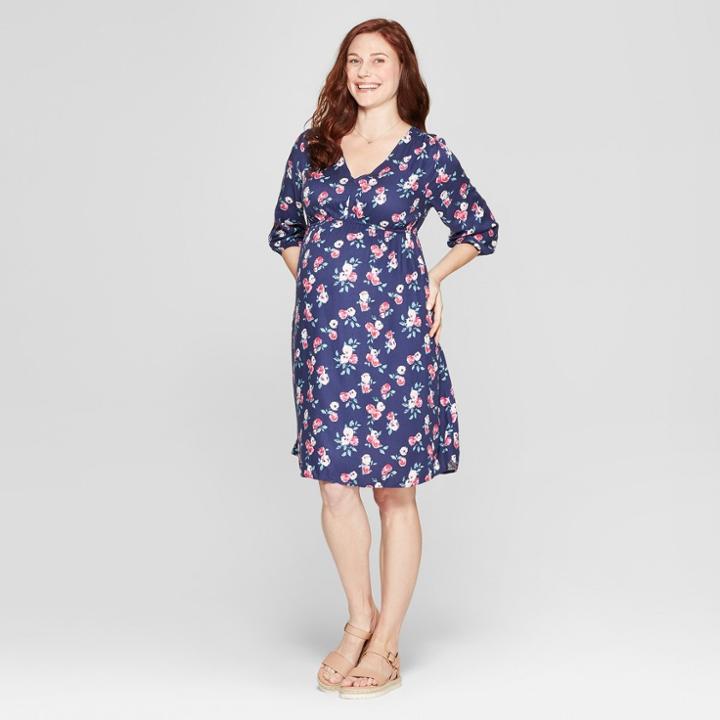 Maternity Floral Print Fit & Flare Dress - Isabel Maternity By Ingrid & Isabel Navy Xs, Women's, Blue